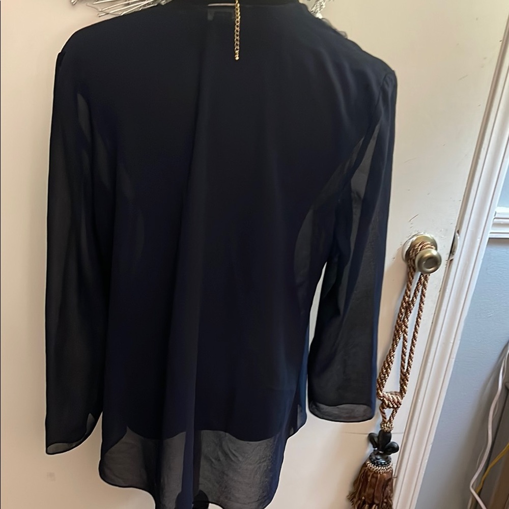 Elegant Navy Sheer Cardigan with Floral Embellishments - Picture 7 of 9
